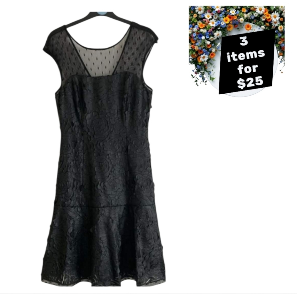 Muse Black Faux Leather 3D Rose Shift Midi Dress Size 8